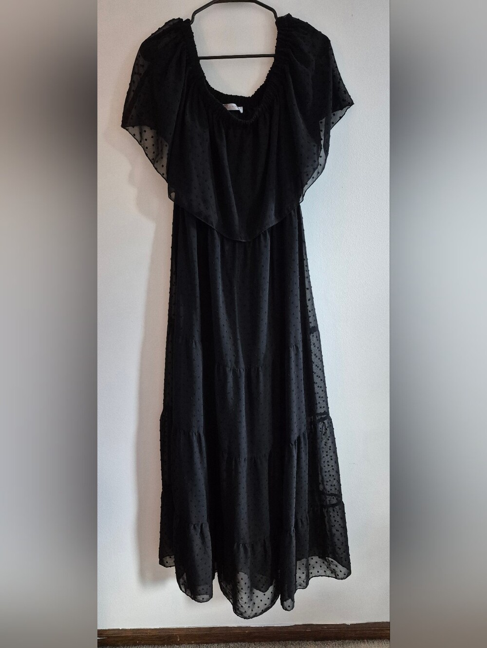 Black Swiss Dot Off-Shoulder Maxi Dress - Women's XL